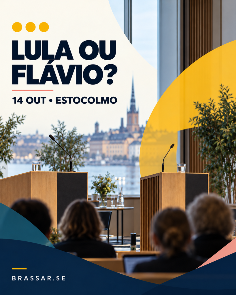 Capa Brassar para debate sobre Lula e Flávio Bolsonaro na Universidade de Estocolmo em 14 de outubro