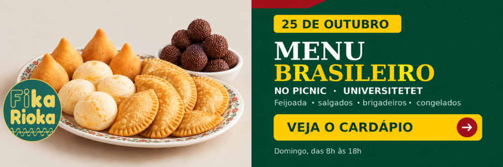 Menu brasileiro da Fikarioka no Picnic, em Universitetet, dia 25 de outubro, das 8h às 18h. Veja o cardápio.